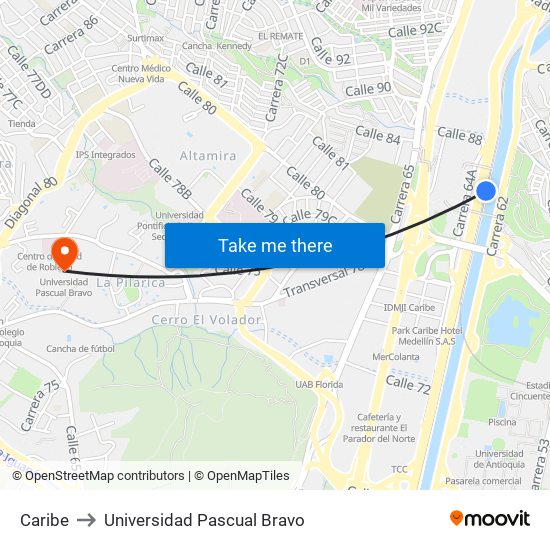 Caribe to Universidad Pascual Bravo map
