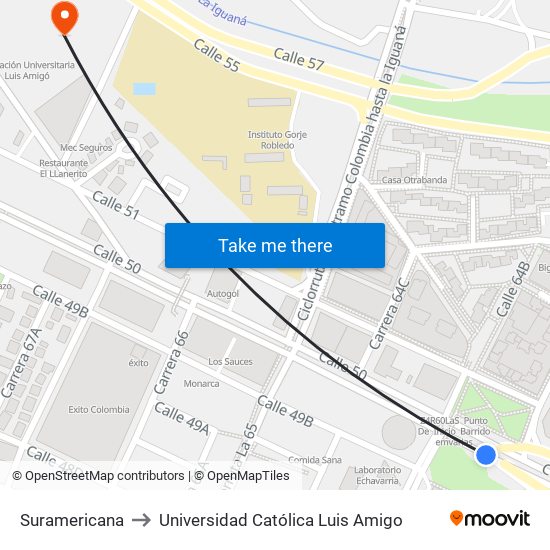 Suramericana to Universidad Católica Luis Amigo map