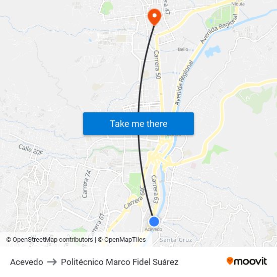 Acevedo to Politécnico Marco Fidel Suárez map