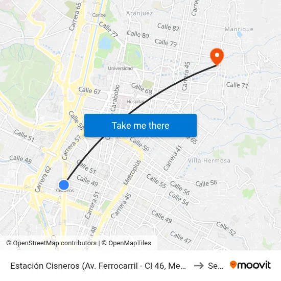 Estación Cisneros (Av. Ferrocarril - Cl 46, Medellín) to Sena map