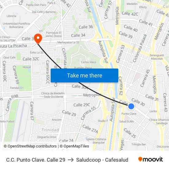 C.C. Punto Clave. Calle 29 to Saludcoop - Cafesalud map