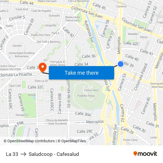 La 33 to Saludcoop - Cafesalud map