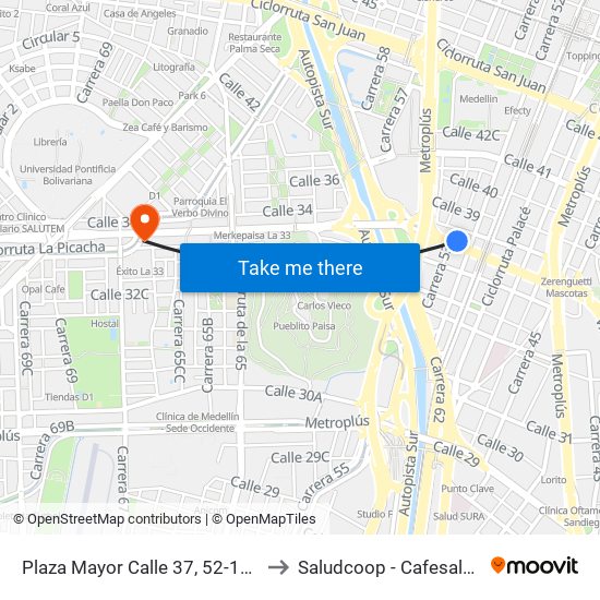 Plaza Mayor Calle 37, 52-115 to Saludcoop - Cafesalud map