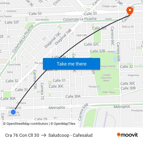 Cra 76 Con Cll 30 to Saludcoop - Cafesalud map