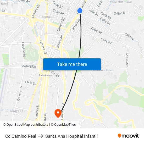 Cc Camino Real to Santa Ana Hospital Infantil map