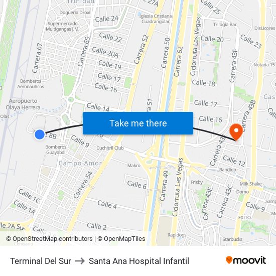 Terminal Del Sur to Santa Ana Hospital Infantil map