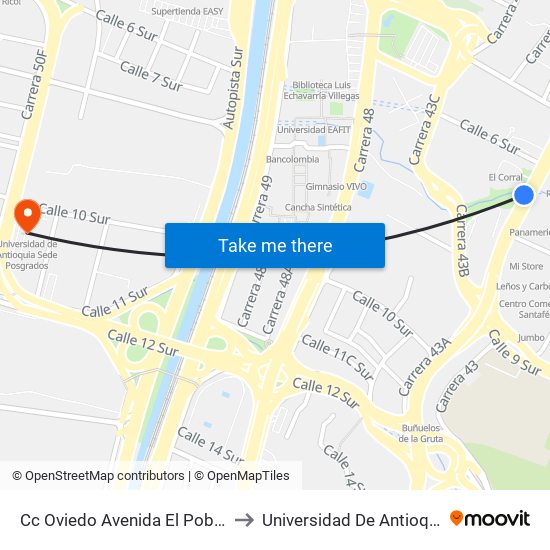Cc Oviedo Avenida El Poblado, 6 Sur39-6 Sur113 to Universidad De Antioquia Sede Posgrados map