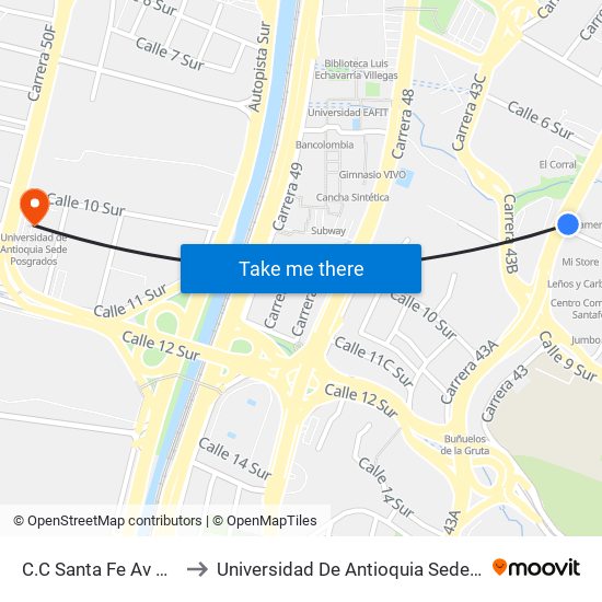 C.C Santa Fe Av Poblado to Universidad De Antioquia Sede Posgrados map