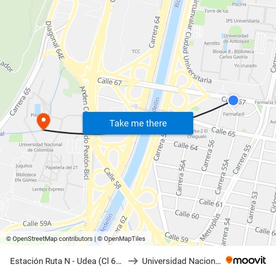 Estación Ruta N - Udea (Cl 67 - Cr 55ab, Medellín) to Universidad Nacional De Colombia map