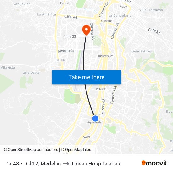 Cr 48c - Cl 12, Medellín to Lineas Hospitalarias map