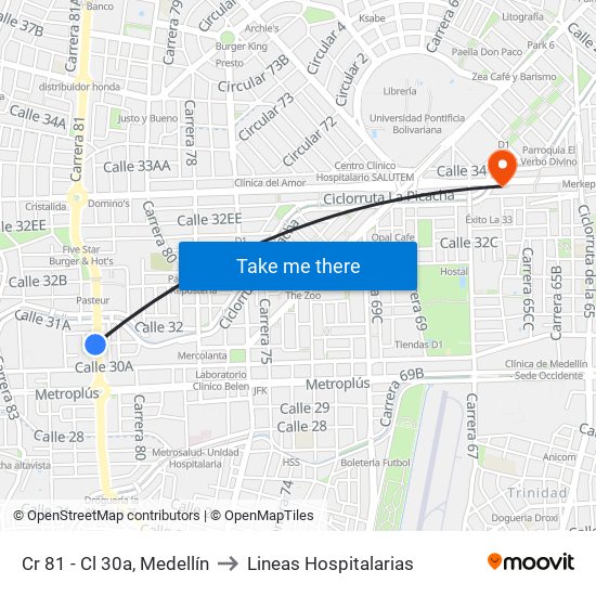 Cr 81 - Cl 30a, Medellín to Lineas Hospitalarias map