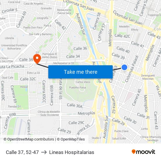 Calle 37, 52-47 to Lineas Hospitalarias map