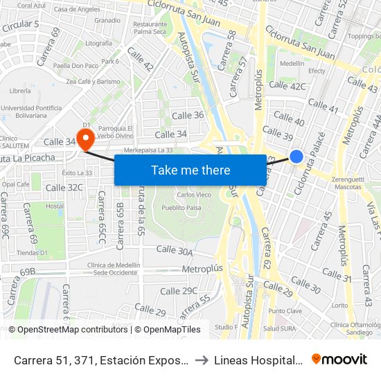 Carrera 51, 371, Estación Exposiciones to Lineas Hospitalarias map