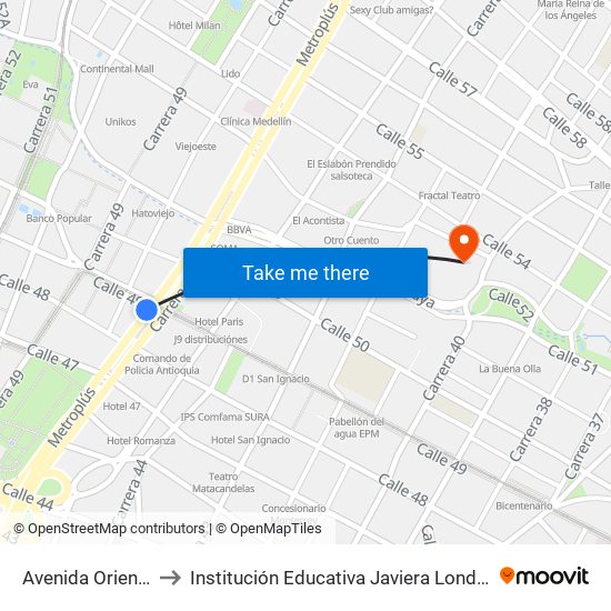 Avenida Oriental to Institución Educativa Javiera Londoño map