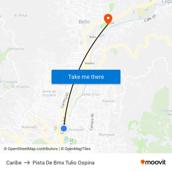 Caribe to Pista De Bmx Tulio Ospina map