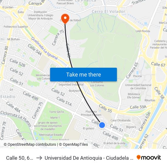 Calle 50, 6624 to Universidad De Antioquia - Ciudadela Robledo map