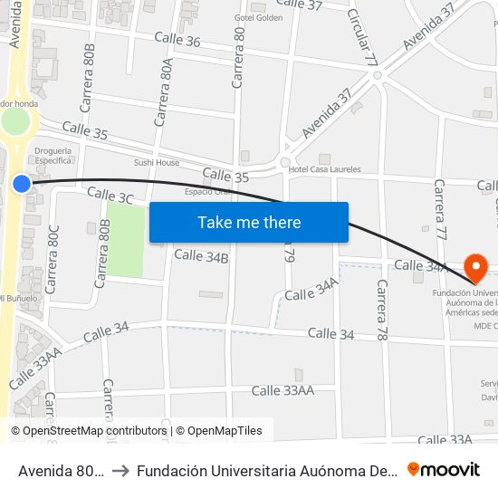 Avenida 80, 34a-96 to Fundación Universitaria Auónoma De Las Américas Sede A map