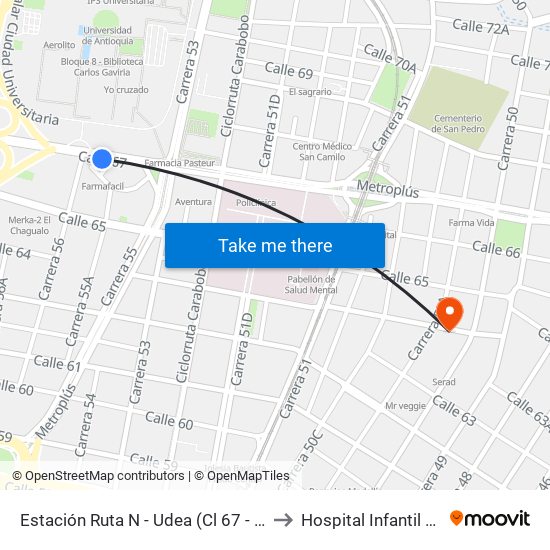 Estación Ruta N - Udea (Cl 67 - Cr 55ab, Medellín) to Hospital Infantil Clinica Noel map