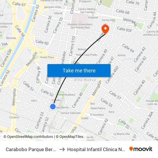 Carabobo Parque Berrío to Hospital Infantil Clinica Noel map