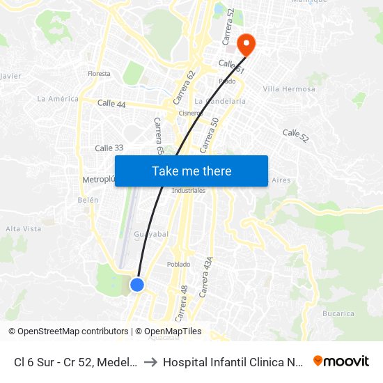 Cl 6 Sur - Cr 52, Medellín to Hospital Infantil Clinica Noel map