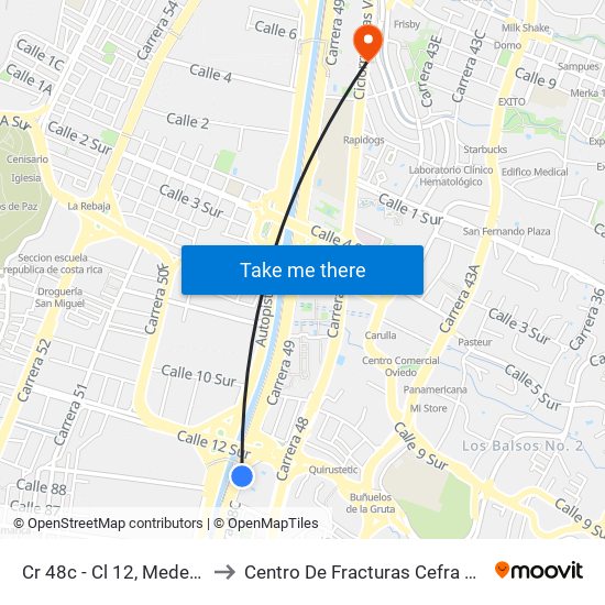 Cr 48c - Cl 12, Medellín to Centro De Fracturas Cefra S.A. map