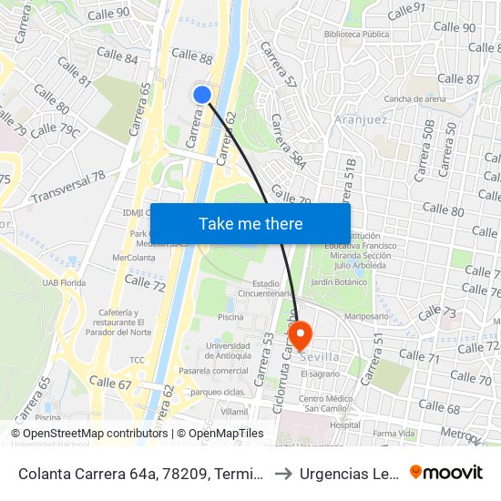 Colanta Carrera 64a, 78209, Terminal Del Norte to Urgencias Leon XIII map