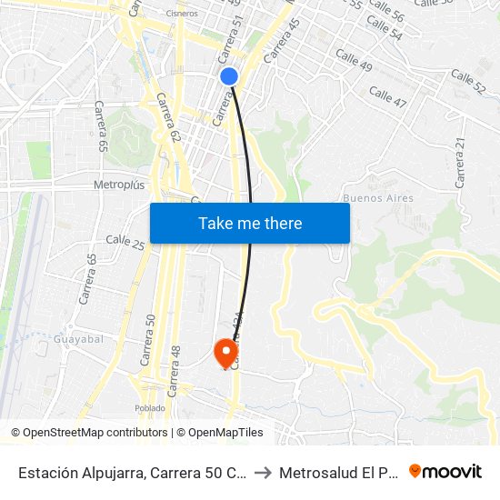 Estación Alpujarra, Carrera 50 Con Calle 41 to Metrosalud El Poblado map