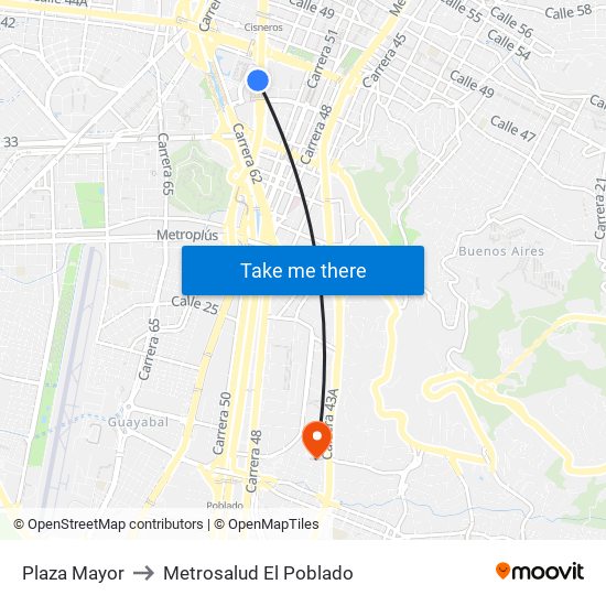 Plaza Mayor to Metrosalud El Poblado map