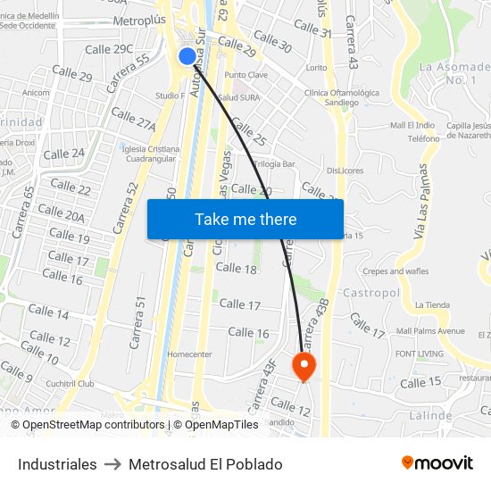 Industriales to Metrosalud El Poblado map