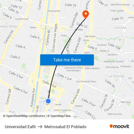 Universidad Eafit to Metrosalud El Poblado map