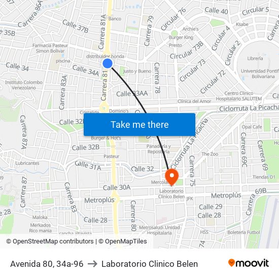 Avenida 80, 34a-96 to Laboratorio Clinico Belen map