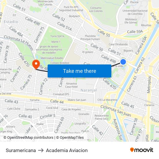 Suramericana to Academia Aviacion map