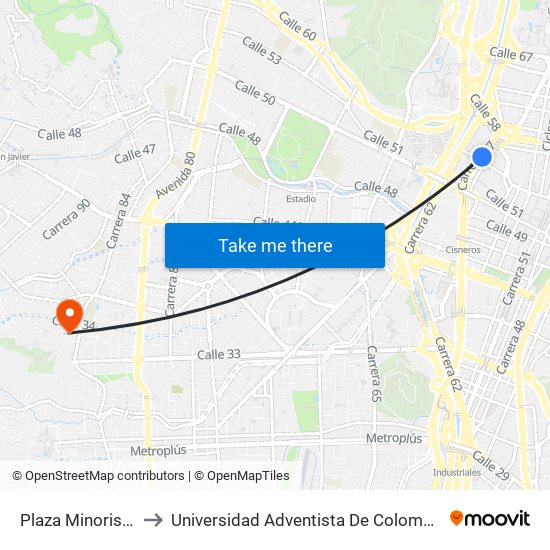 Plaza Minorista to Universidad Adventista De Colombia map