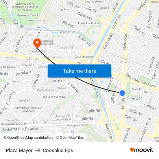 Plaza Mayor to Coosalud Eps map