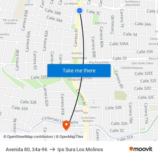 Avenida 80, 34a-96 to Ips Sura Los Molinos map