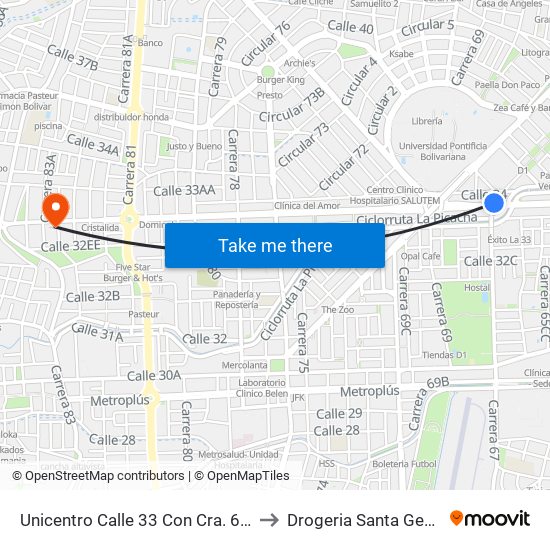 Unicentro Calle 33 Con Cra. 65d to Drogeria Santa  Gema map