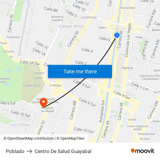 Poblado to Centro De Salud Guayabal map