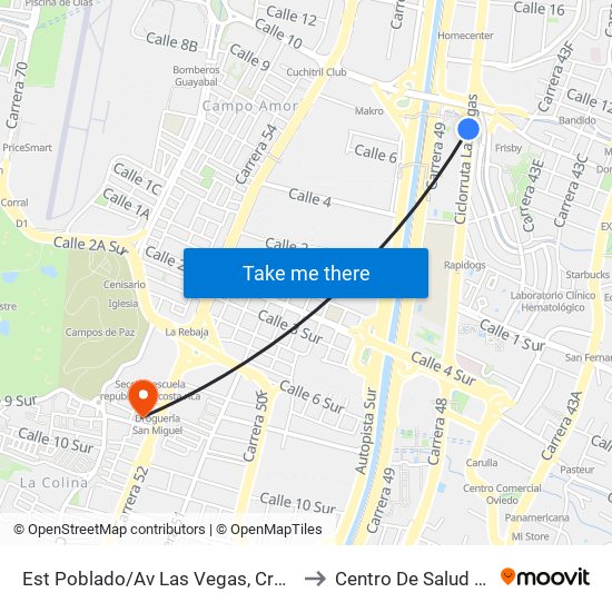 Est Poblado/Av Las Vegas, Cra 48 Con Cll 10 to Centro De Salud Guayabal map