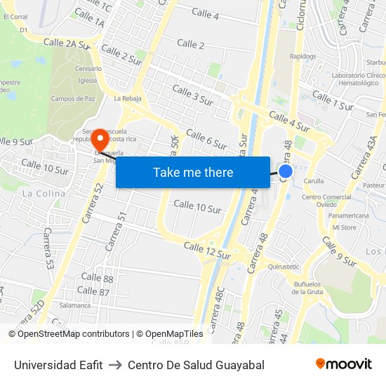 Universidad Eafit to Centro De Salud Guayabal map