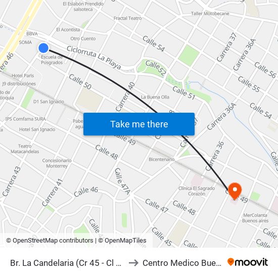 Br. La Candelaria (Cr 45 - Cl 50, Medellín) to Centro Medico Buenos Aires map