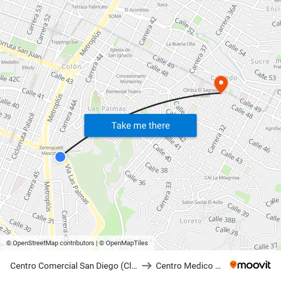 Centro Comercial San Diego (Cl 37 - Cr 43, Medellín) to Centro Medico Buenos Aires map