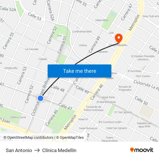 San Antonio to Clínica Medellín map