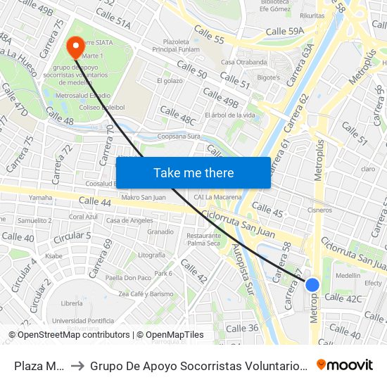 Plaza Mayor to Grupo De Apoyo Socorristas Voluntarios De Medellin map