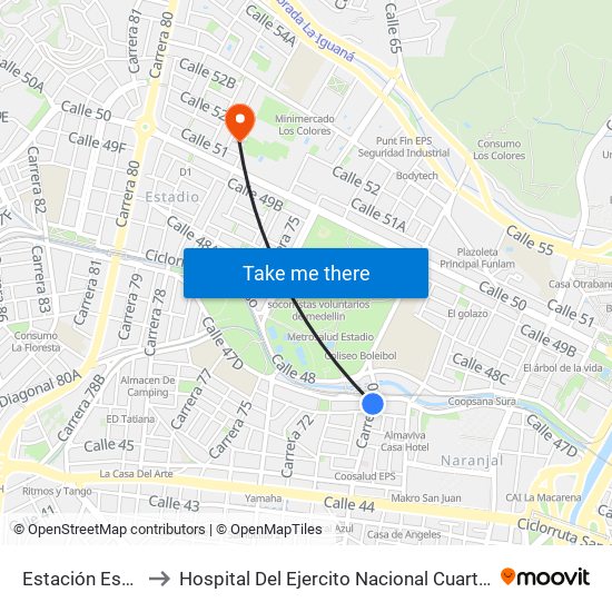 Estación Estadio to Hospital Del Ejercito Nacional Cuarta Brigada map