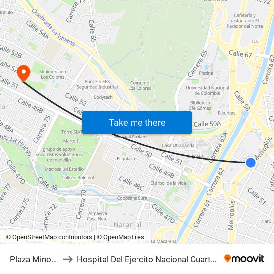 Plaza Minorista to Hospital Del Ejercito Nacional Cuarta Brigada map