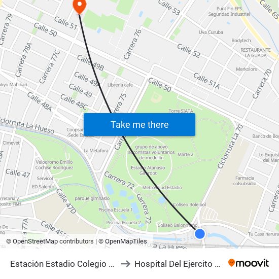 Estación Estadio Colegio San Ignacio Carrera 70, 481, to Hospital Del Ejercito Nacional Cuarta Brigada map