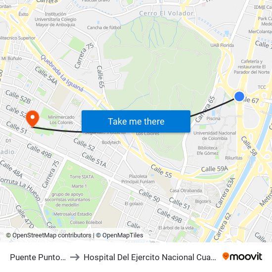 Puente Punto Cero to Hospital Del Ejercito Nacional Cuarta Brigada map