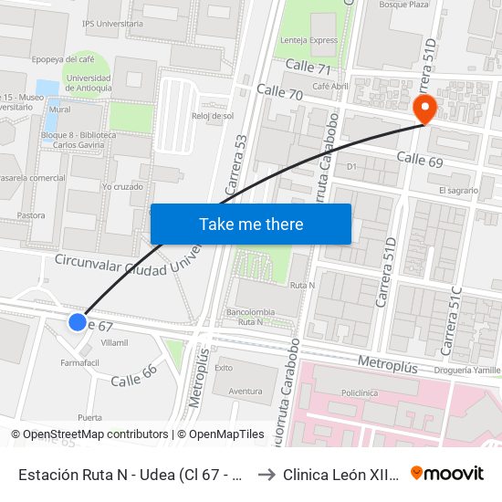 Estación Ruta N - Udea (Cl 67 - Cr 55ab, Medellín) to Clinica León XIII Bloque 3 map