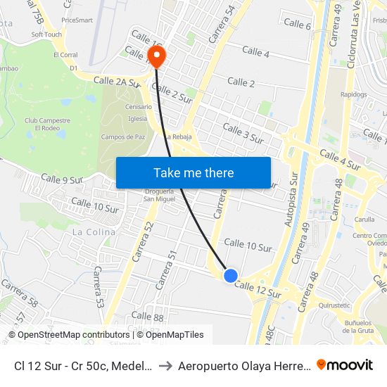Cl 12 Sur - Cr 50c, Medellín to Aeropuerto Olaya Herrera map
