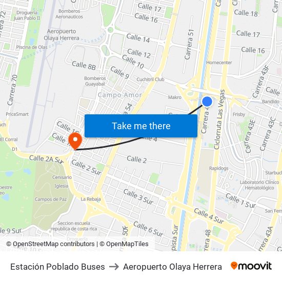 Estación Poblado Buses to Aeropuerto Olaya Herrera map